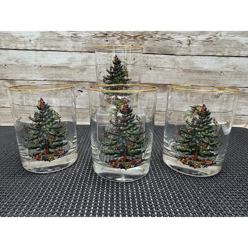 VTG NICE Spode Christmas Tree Set 4 Double Old Fashioned Glasses 12 oz Gold Rim